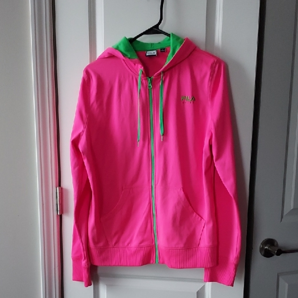 Fila Sport Neon Pink Hoodie with Green Details Large